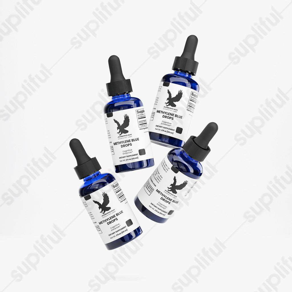 Four bottles of Methylene Blue Drops with dropper caps on a white background.