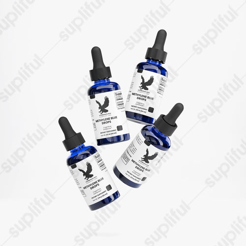 Four bottles of Methylene Blue Drops with dropper caps on a white background.